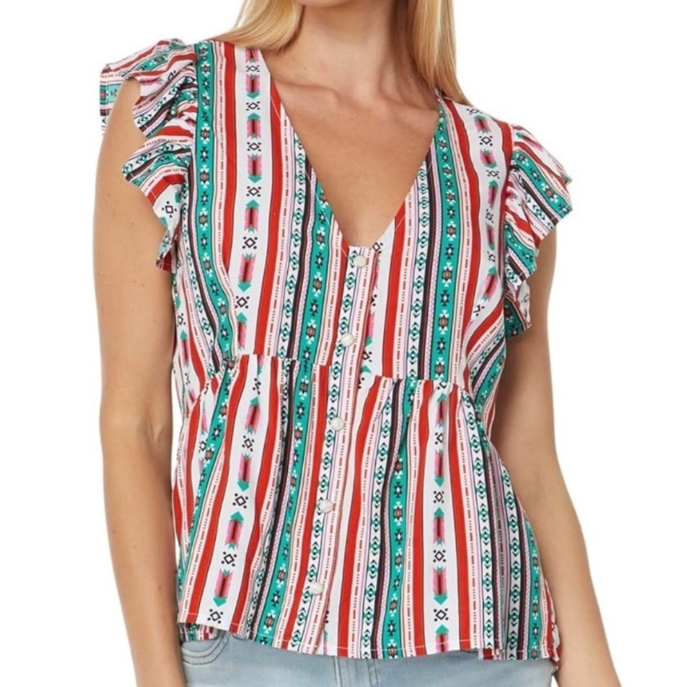 Women’s Wrangler Retro Top Aztec Print, Flutter Sleeve Shirt, Pearl Snap, Large